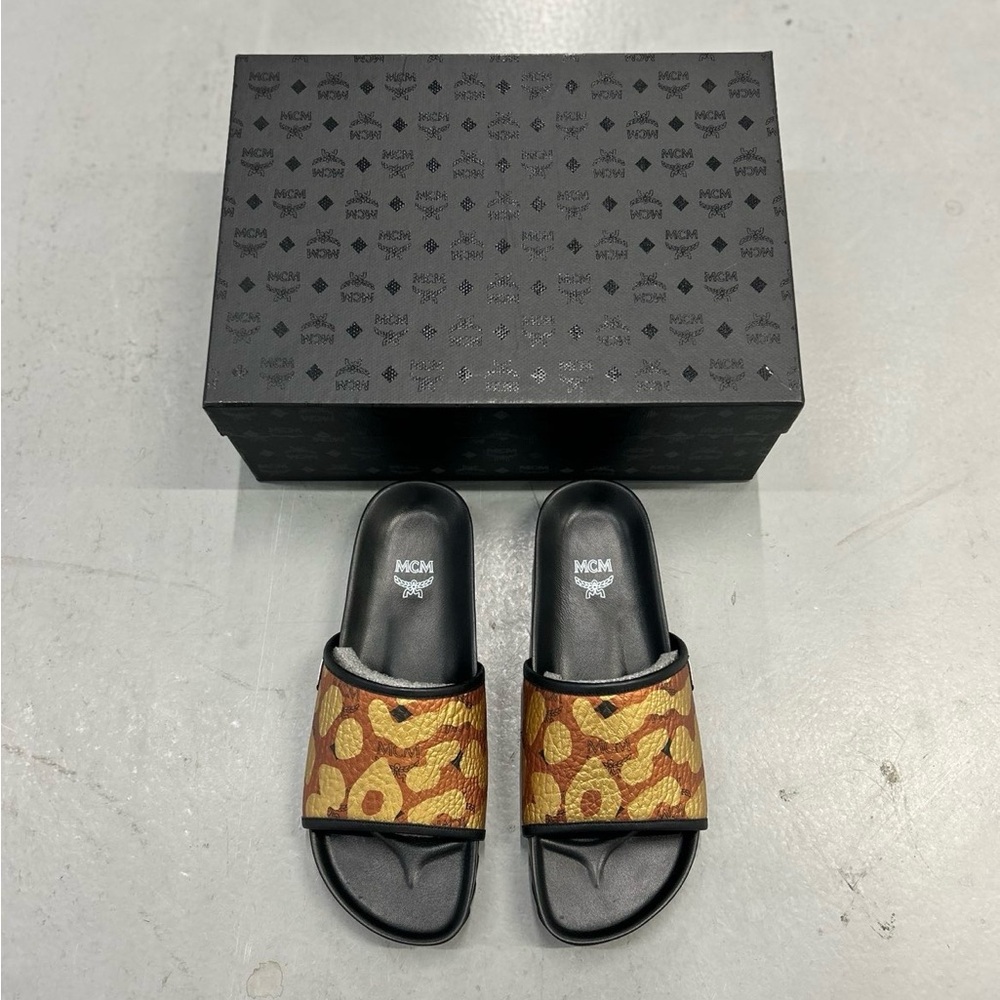 MCM Black and Brown Patterned Slide Sandals